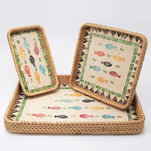 Set of 3 Rectangle Rattan Serving Trays with Mother of Pearl Inlay – Hand-Woven Wicker Trays for Coffee Table, Bathroom, Kitchen Counter or Entryway, Boho Coastal Decor, Tropical Fish Design