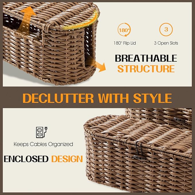 FairyHaus Cable Management Box 2Pack Brown, Handwoven Large and Small Cable Organizer Box Cover to Hide Cords and Power Strip, Imitation Wicker Cord Organizer Box Hider for Office Desk and Floor