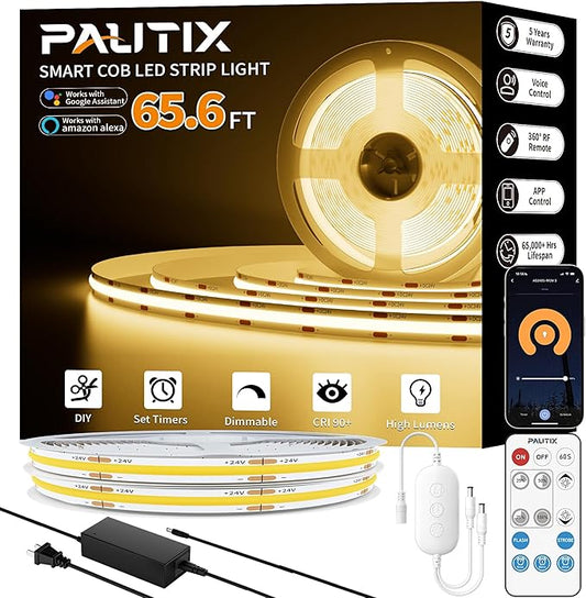 PAUTIX COB LED Strip Lights 65.6ft/20m Warm White 2700K LED Light Strip,Compatible with Alexa/Google Assistant,Dimmable LED Strips for Bedroom,Cabinet,Living Room,CRI93+ Super Bright High Lumen