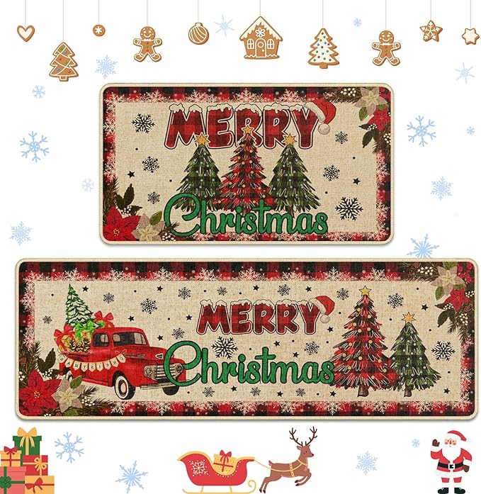 Christmas Trucks Tree Kitchen Rugs and Mats Non Skid Washable Set of 2, Xmas Kitchen Mats for Floor Decor