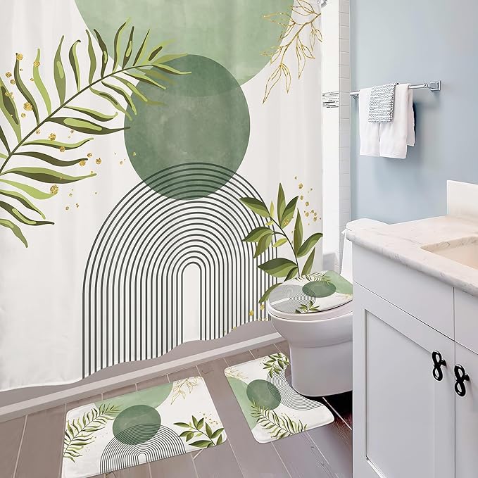 4 PCS Sage Green Boho 72Wx72H Shower Curtain Set Modern Leaves Mid Century Plant Bath Rug Toilet Lid Cover Nonslip U Shape Mat Quick Dry Rubber Backed Dirt Resistant Accessories Bathroom Decor