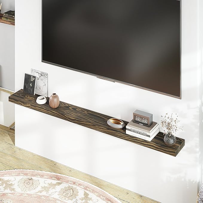 60'' Pine Wood Floating Shelf for Wall - Rustic Wall Mounted Wooden Shelf for Stylish Home Décor, Fireplace Mantel 60inch (Dark Brown, 60x8x2) - 1pcs