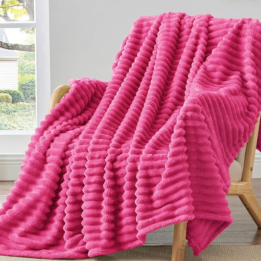 BEDELITE Fleece Throw Blanket for Couch - 300GSM Soft & Warm Fluffy Pink Blanket, Decorative and Giftable Striped Blankets for Women, Men, 50"x60"