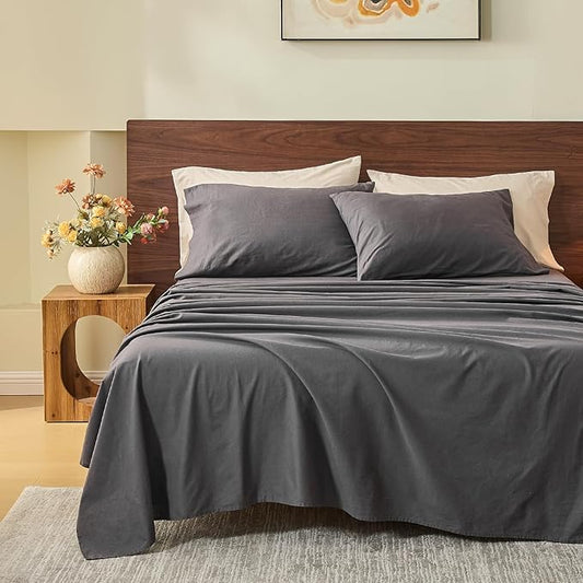 MEISHANG 100% French Pure Linen Sheets Queen Size - Bed Sheets 4 Piece Sets, Soft Durable Flax Linen, Anti-Tear Breathable Oeko-Tex Certified with 16" Deep Pocket (Dark Grey)