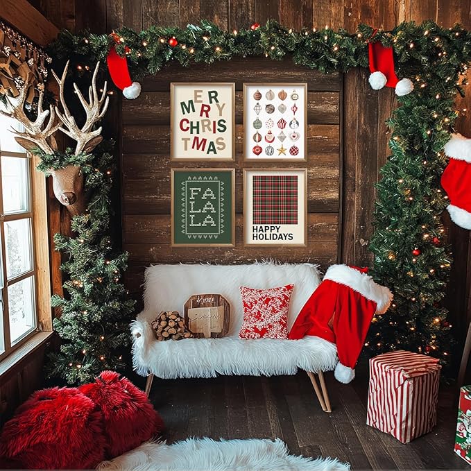 ETVISO Christmas Decor, Merry Christmas Wall Art Prints Set of 4, Retro Vintage Xmas Poster, Funny Winter Holidays Gift Print Decor for Gallery Living Room Bathroom, 8x10 (Unframed)