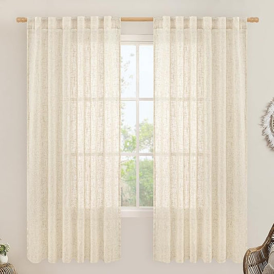 LAMIT Beige Linen Curtains 72 Inches Long 2 Panels for Living Room Faux Linen Textured Light Filtering Drapes Back Tab and Rod Pocket Boho Neutral Panels for Bedroom/Dining Room, 52 x 72 Inch