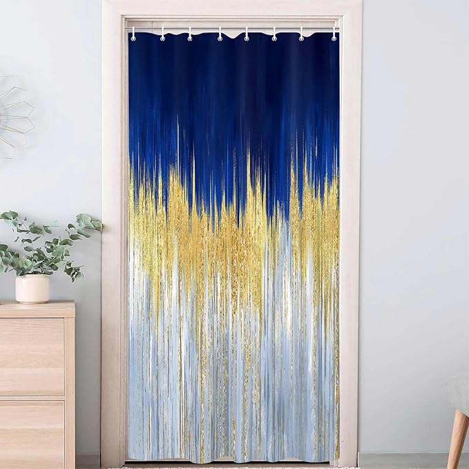 JAWO Abstract Blue Shower Curtain, Gold Blue Boho Ombre Minimalist Chic Art Shower Curtains, Modern Neutral Contemporary Striped Brush Strokes Tan Art Waterproof Bathroom Curtain with 12 Hooks
