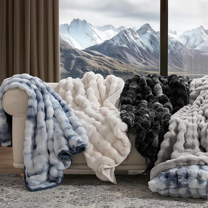 EverGrace Ultra Soft Luxury Fluffy Faux Rabbit Fur Throw Blanket, Thick Warm Bubble Throw for Bed, Cozy Plush Reversible Blankets for Couch, Chair, Sofa, Taupe, 60x80 Inches