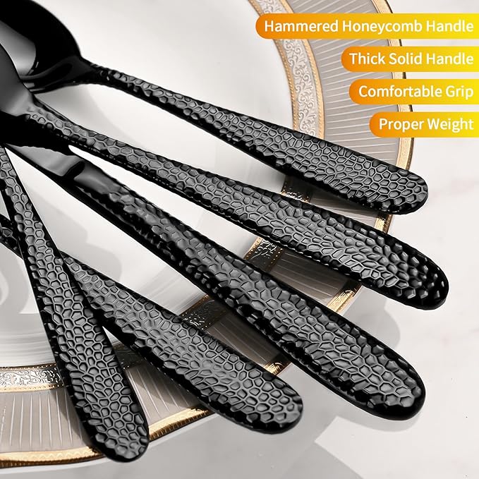 Black Hammered Silverware Set, 40-Piece Heavy Duty Stainless Steel Flatware Sets for 8, Food-Grade Cutlery Set for Home Restaurant, Mirror Polished, Dishwasher Safe