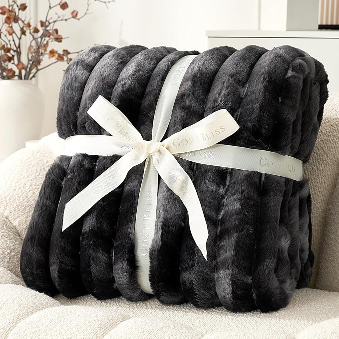Cozy Bliss Faux Fur Throw Blanket for Couch, Cozy Warm Plush Striped Blanket for Sofa Bedroom Living Room, 108 * 90 Inches Tie-dye Black