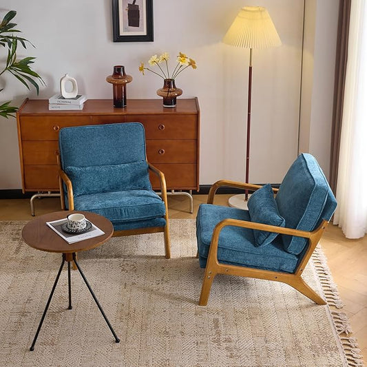 VINGLI Chenille Mid-Century Modern Accent Chair Set of 2, Cute Reading Arm Chair with Cushion & Lumbar Pillow & Solid Wood Frame for Lounge, Living Room, Reading Room, Bedroom, Blue