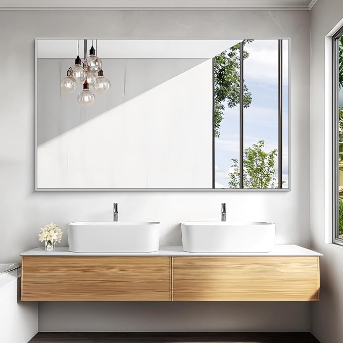 KOCUUY Large Silver Bathroom Mirror, 60x36 inch Rectangular Mirror for Bathroom Sink, Oversized Mirror with Metal Brushed Nickel Frame for Living Room, Farmhouse, Entryway, Hang Horizontal/Vertical