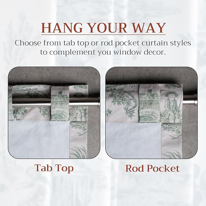 Maison d' Hermine Curtains for living room 100% Cotton 124 inch length Two Panels Light Filtering Toile Curtains for Bedroom Windows with rod and loop Pockets (The Miller Antique Green, 50"W x 124"L)