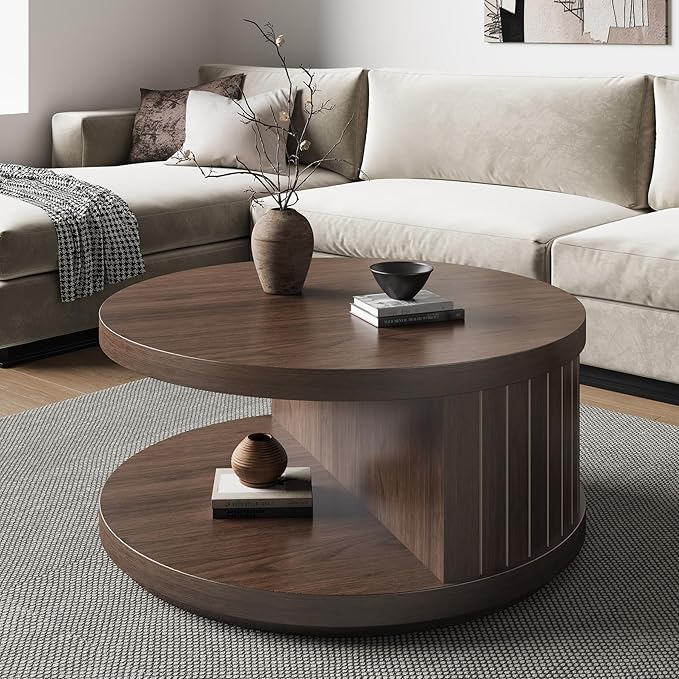 31-Inch Round Wood Coffee Tables for Living Room, with 2-Tier Shelf Fluted Center Tables, Modern Wooden Circle Unique Tea Tables with Open Shelves for Home Apartment Small Spaces, Walnut
