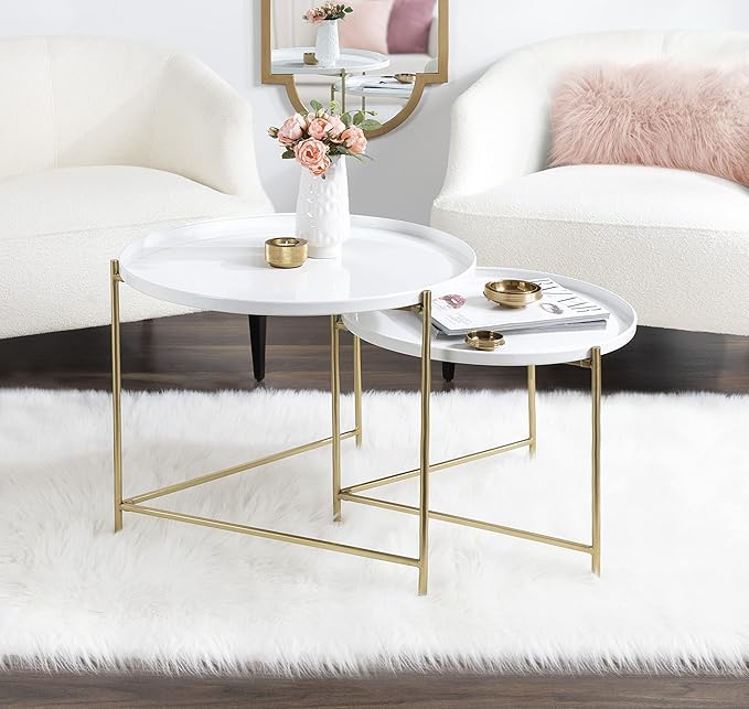 Kate and Laurel Ulani Modern Nesting Coffee Table, Set of 2, White and Gold, Glam Coffee Table Set for Storage and Display