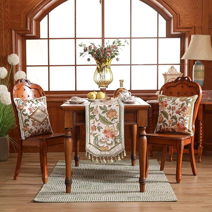 patdrea Designer Elegant French Floral Velvet Table Runner, Fresh Green with Orange Blossoms Pattern Table Mat, Decoration for Kitchen Dining Coffee Table Cabinet Banquet Thanksgiving,12"*87"