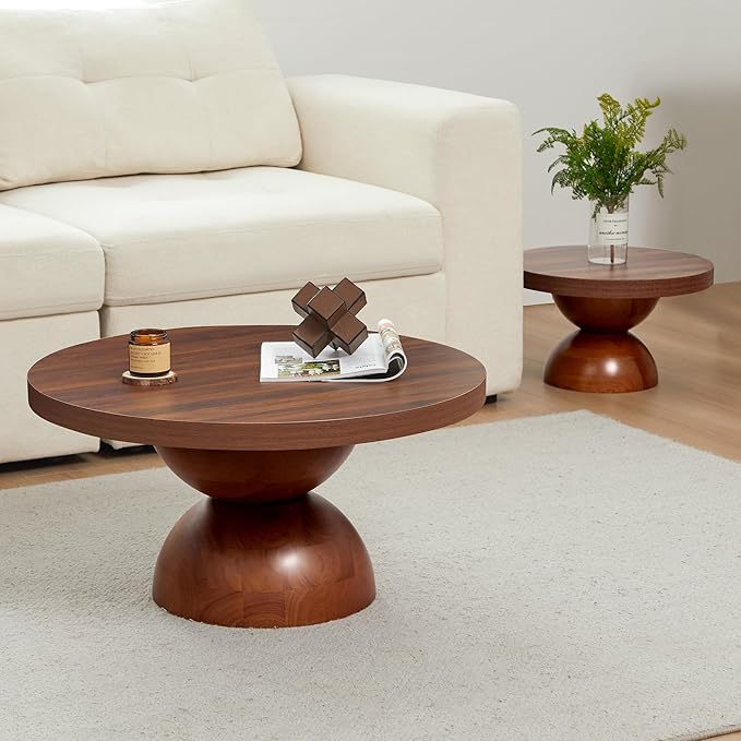 Solid Wood Round Nesting Coffee Table Set of 2, Circle Accent Tables with Unique Semi-Circular Legs, Modern Farmhouse Side End Table Set for Small Space Living Room Office (Walnut)