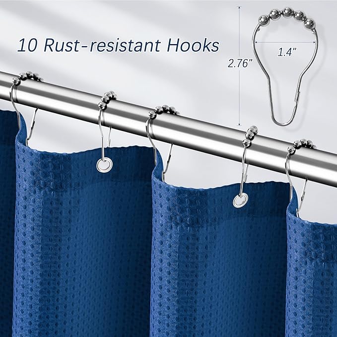 Classic Blue Fabric Shower Curtain for Bathroom Stall, 60 inche Waffle Weave Machine Washable Waterproof 256GSM Heavy Duty Weighted Bath Curtain Set with 10 Metal Hooks, 60Wx72H