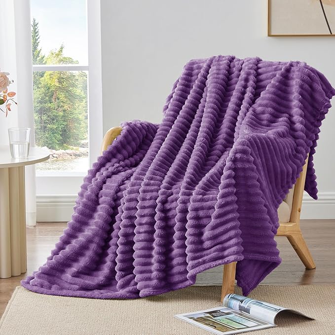 BEDELITE Twin Blanket for Couch & Bed, 300GSM Soft & Warm Fleece Blanket, Decorative and Giftable Striped Purple Blankets for Women, Men, 60"x80"