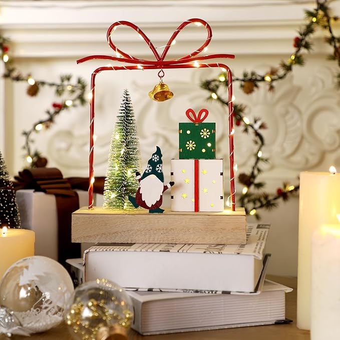 Christmas Tabletop Decoration, Wooden Lighted Christmas Gift Box Decorations, Christmas Giftboxes Santa Ornaments, Battery Operated Christmas Indoor Fireplace Home Table Decorations