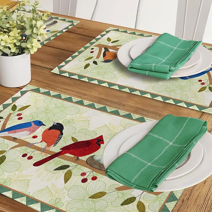 Seliem Spring Birds Tree Branches Placemats Set of 4, Cardinal Bluebird Bullfinch Dining Table Place Mats, Summer Seasonal Farmhouse Kitchen Decor Home Decoration 12 x 18 Inch