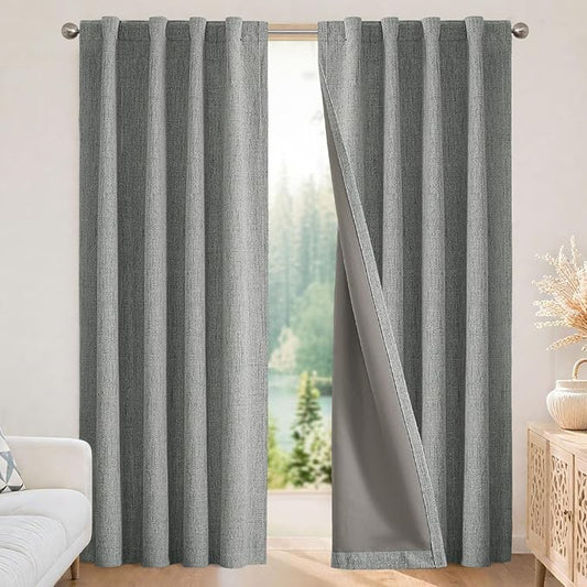 Joydeco Blackout Curtains for Bedroom - 120 Inch Long 100% Light Blocking 2 Panels Light Grey Drapes, Thermal Insulated Room Darkening Curtains, Linen Textured for Living Room, Rod Pocket & Back Tabs