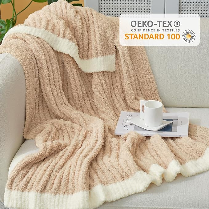 Snuggle Sac Fluffy Ribbed Beige Blanket Twin Size, Soft Luxurious Knit Fuzzy Plush Microfiber Blankets for Sofa, Bed, Beige, 60x80 inches