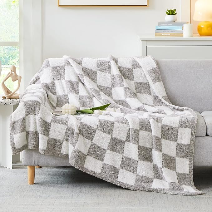 WRENSONGE Checkered Throw Blanket, Light Grey Soft Cozy Fluffy Warm Hand Made Throw Blankets for Couch, Sofa, Chair, Bed, Camping, Picnic, Travel Lightweight Bed Blanket - 50"*70"