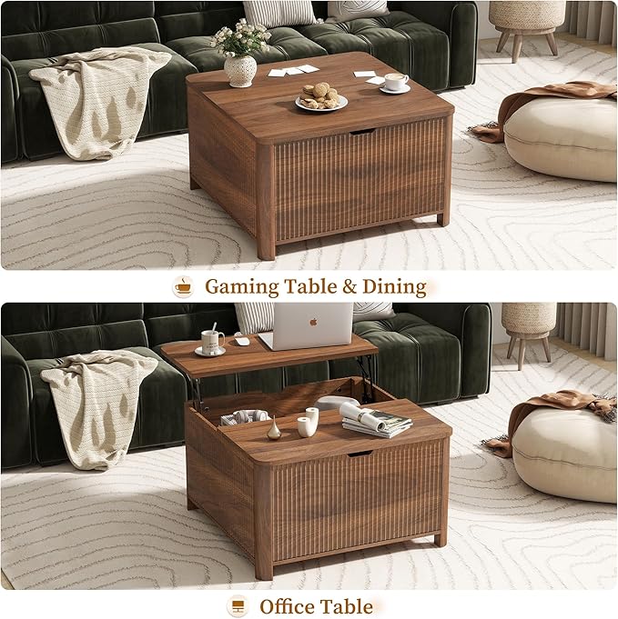LYNCOHOME Fluted Lift Top Coffee Table with Storage, Square Coffee Tables for Living Room, Coffee Table with Large Hidden Storage Compartment and Adjustable Shelves，Walnut
