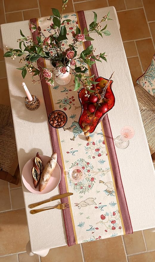 patdrea Designer Idyll Linen Extra Long Table Runner,Vintage Beige Farmhouse with Ancient Figure and Fruit Trees Pattern Table Mat, Decoration for Kitchen Dining Banquet Christmas ,12"*102"