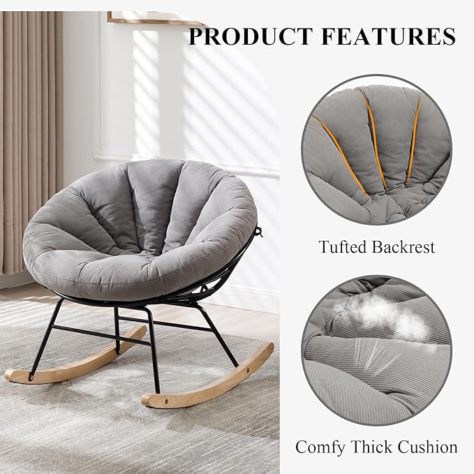 NIOIIKIT Nursery Saucer Rocking Chair, Corduroy Upholstered Round Glider Chair, Nursing Chair with Comfy Cushion, Tufted Papasan Chair, Cozy Reading Chair for Living Room, Bedroom (Grey)