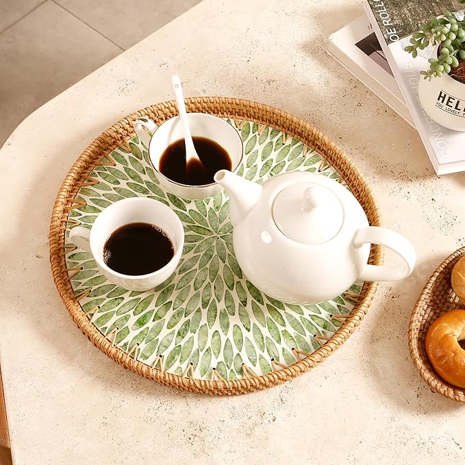 Round Rattan Tray with Mother of Pearl Inlay & Wooden Base - Decorative Wicker Serving Tray for Coffee/Bread/Fruits, Food Storage & Display - Multipurpose Home Decor (M,Green Leaves)