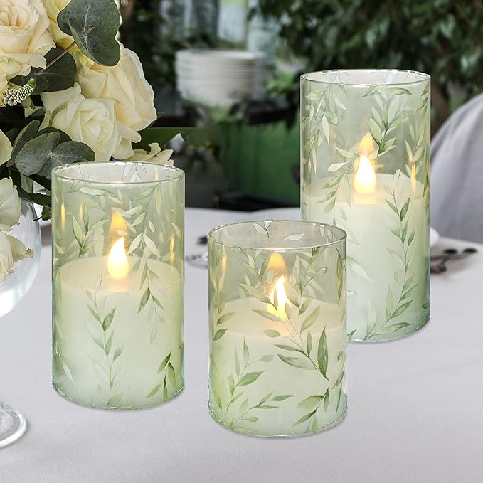 Green Flameless Candles with Remote Willow Leaf Design Battery Operated Candles - Elegant Home Christmas Summer Decor Set of 3