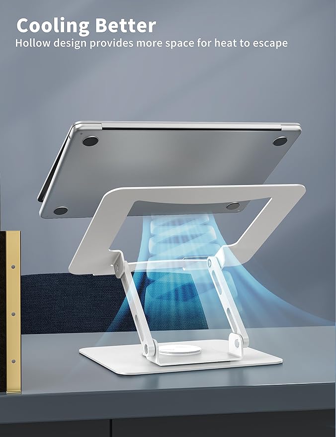 SOUNDANCE Laptop Stand with 360° Rotating Base, Ergonomic Computer Riser for Desk, Adjutable Height Muti-Angle, Foldable Laptop Mount, Stable Metal Holder Support 10-15.6" Notebook PC, White