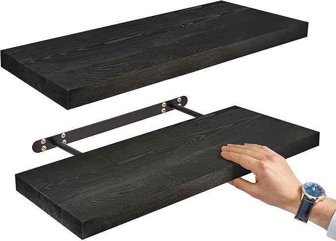 Sorbus Wood Floating Shelves for Wall - 24” Solid Wood Wall Shelves for Bathroom Decor, Books, Bedroom & Living Room - Set of 2 Black Wall Mounted Kitchen Shelves - Durable Solid Pine