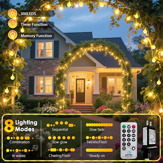 300LED Connectable String Lights Indoor Outdoor for Bedroom, 108ft Fairy Lights with Remote & Timer, Plug in 8 Modes Waterproof Globe Hanging Twinkle Light for Room Classroom Wedding Decor, Warm White
