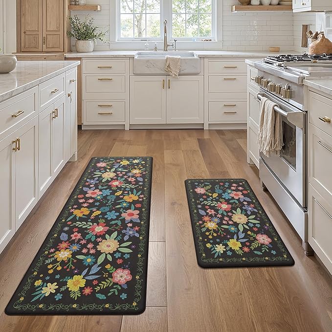 GENIMO Kitchen Mats for Floor 2PCS, Cushioned Kitchen Rugs Non Slip Washable, Farmhouse Anti Fatigue Mat Waterproof, Comfort Standing Mat Rug for Laundry, Office, Home, Sink, 23.6"x71"+20"x32", Black