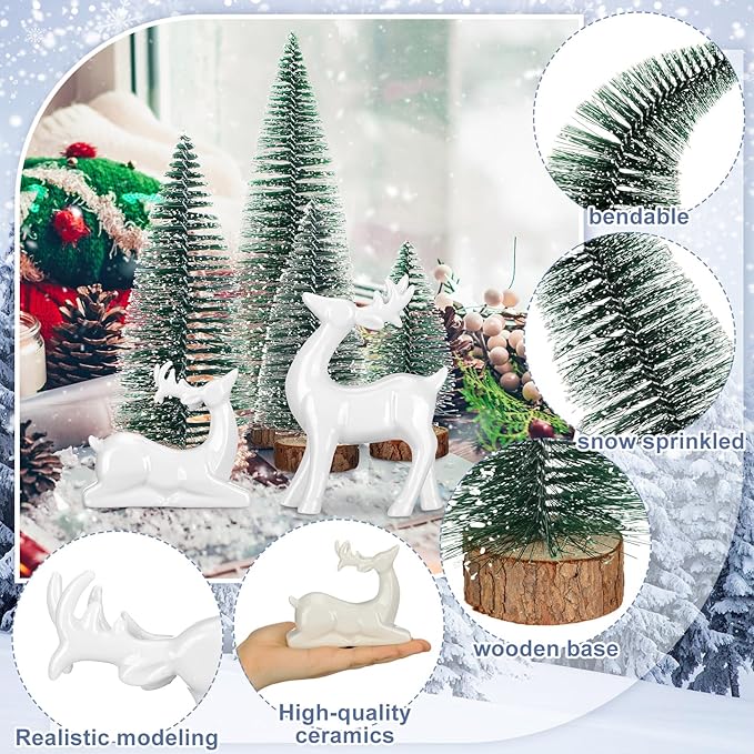Wesiti 2 Pcs Ceramic Christmas Reindeer Figurines 4 Pcs Mini Christmas Pine Tree Reindeer Decor Deer Statue Sculpture Tabletop Ornaments for Home Mantel Shelves Decor(White)