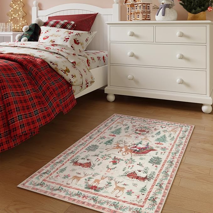 Lahome Indoor Christmas Rug 2x3 Small Kitchen Bathroom Rugs for Entryway,Washable Soft Non-Slip Christmas Tree Santa Claus Area Rug,Door Mat for Winter Living Room Bedroom Holiday Decor(2x3,Beige)