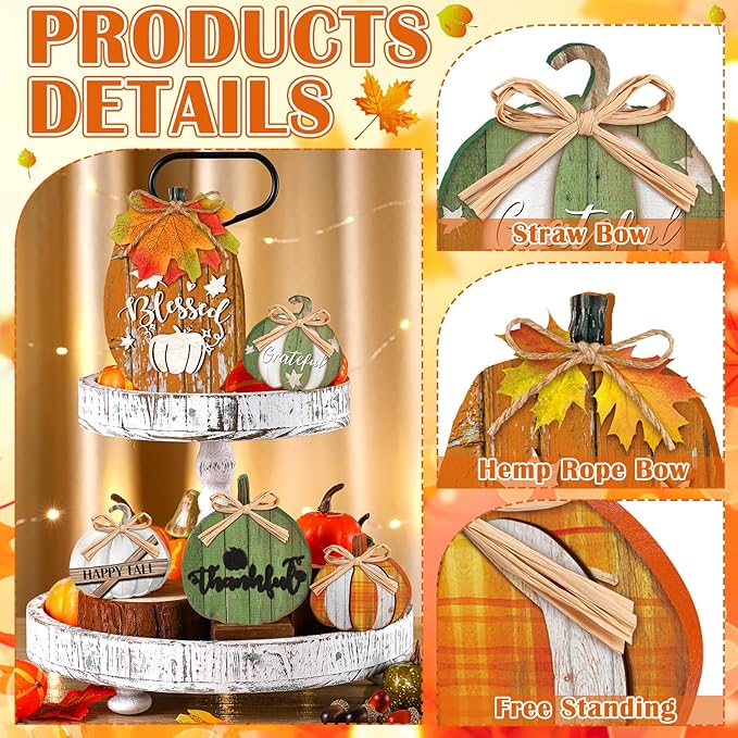 5 Pcs Fall Rustic Pumpkin Decor for Home Thanksgiving Wooden Table Centerpiece Decorations Fall Wooden Pumpkin Signs for Autumn Farmhouse Living Room Kitchen Mantle Tabletop Supplies