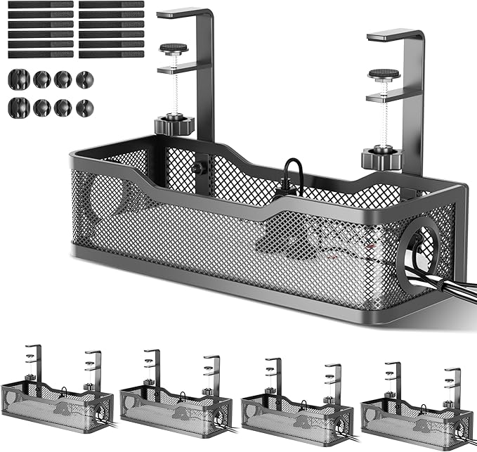 4 Pack Under Desk Cable Management Box Black, Cinati 53.6" Wire Organizers No Drill, Cord Organization Tray with Clamp for Office, Home - No Damage to Desk