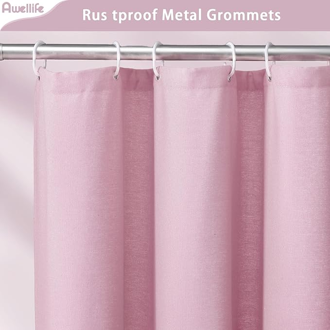 Awellife Farmhouse Pink Shower Curtain Button Linen Textured Woven Fabric,Country Style,72x72 Inch