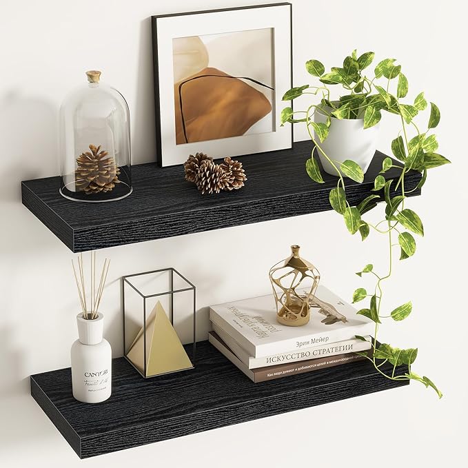 Fun Memories Floating Shelves - 2 Pack 9 Inch Deep Rustic Wooden Wall Shelves - Wall Mounted Storage Shelf with Invisible Brackets, 24" W x 9" D x 1.6" H - Black