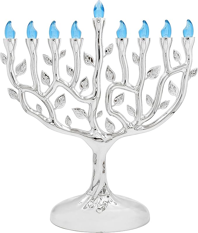 The Dreidel Company LED Electric Silver Hanukkah Tree of Life Menorah - Battery or USB Powered - Includes a Micro USB 4' Charging Cable (Single)