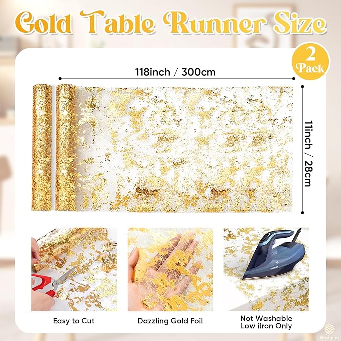 Gold Table Runner 11" x 9.8 ft (2 Rolls) – Sparkly Table Decorations, Sequin Glitter Foil Mesh Roll for Weddings, Christmas, Birthdays, Valentine’s Day, Holidays & DIY Projects