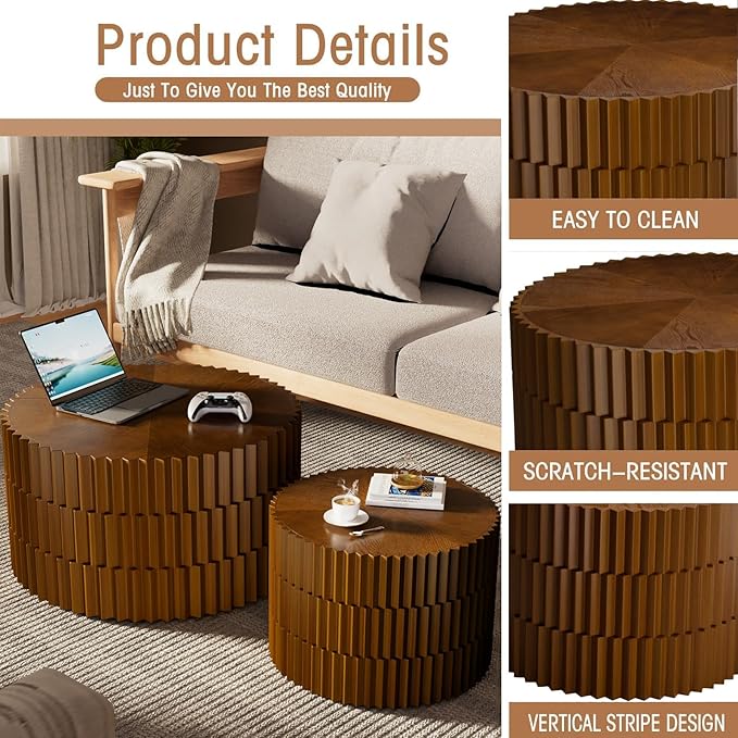 Round Nesting Coffee Table Set of 2 Walnut Round Drum Fluted Coffee Tables for Small Space Modern Stacking Nesting Tables Minimalist Circle Center Table 2 Piece for Living Room (Walnut)