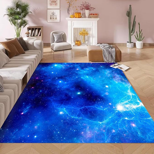 kxry Area Rugs 6X9 Feet, Blue Galaxy Space Soft Machine Washable Area Rugs Outer Space Starry Sky Universe Non Slip Foldable Floor Carpet for Living Room Bedroom Dining Room Dorms Nursery Rooms Office