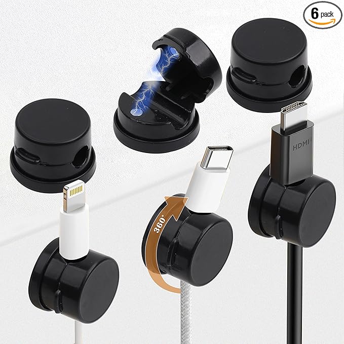 6 Pack Cable Management Clips[Upgrade Rotatable] Home Office Desk Cord Keeper Organizer Accessories Charger USB Wire Organizer Cord Holder for Nightstand (Black)