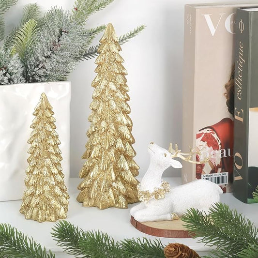 3 Pack Christmas Trees and Reindeer Figurines Decoration- 2 Glittered Christmas Tree Statues and 1 Deer Vintage Christmas Decor Set, Resin Ornaments Tabletop Shelf Office Display Stand Indoor(Gold)
