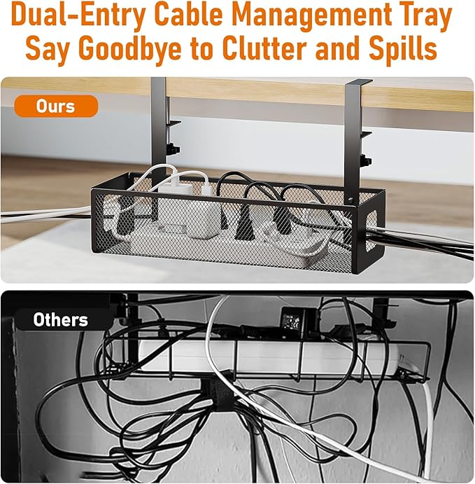 DELAMU Under Desk Cable Management Tray - Cable Management Tray No Drill with F-Clamp Design, Metal Mesh Cord Organizer, Sturdy Wire Organizers for Cords for Home Office Standing Desk, Black
